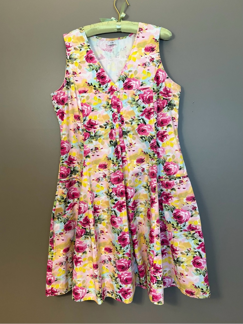Sleeveless V-Neck Floral Midi Dress in Pink and Yellow